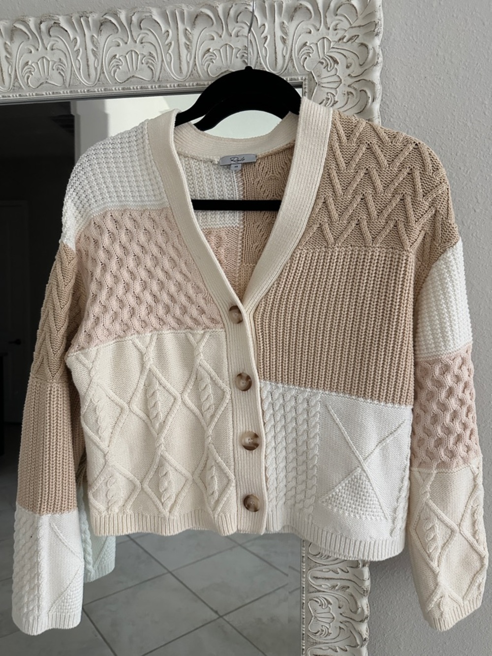 Rails Reese Cream Patchwork Cable Knit Cardigan V-Neck